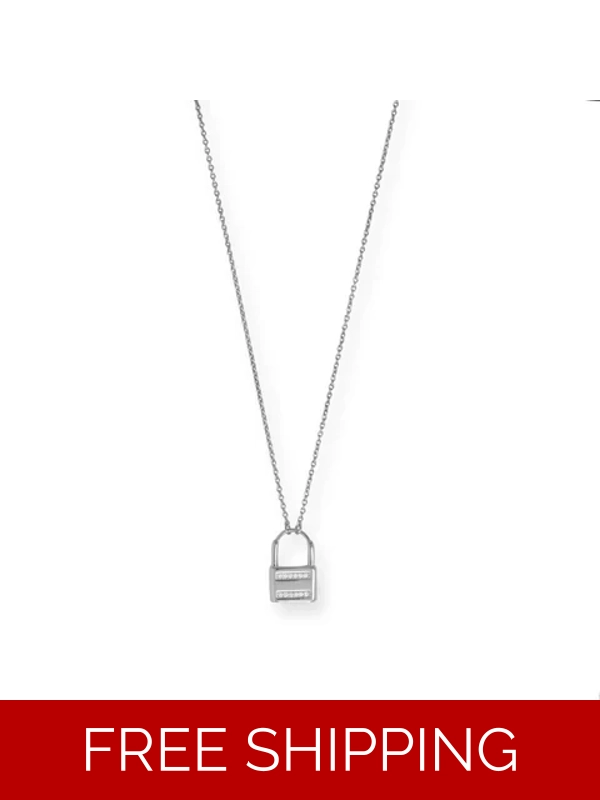 16" + 2" Rhodium Plated CZ Lock Necklace